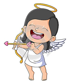 The angel girl is laughing and holding the love bow