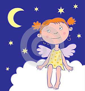 Angel girl at night under the moon.
