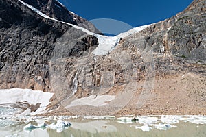 Angel Glacier hangs over a cliff below Mount Edith Cavell