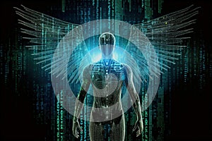 Angel glowing silhouette over background of computer code. Transhumanist concept of human evolution through technology. Generative