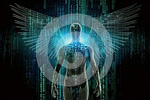 Angel glowing silhouette over background of computer code. Transhumanist concept of human evolution through technology. Generative photo