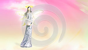 Angel with halo on clorful background purle, yellow, gold - heaven,