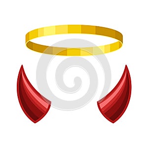Angel halo and devil horns isolated on white background. Nimbus and demon horn. Heaven and Hell concept, good and bad