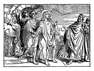 Shadrach, Meshach, and Abednego are Led Out of the Furnace by an Angel vintage illustration photo