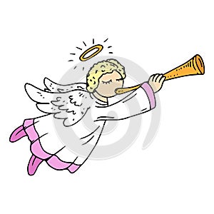 Angel with harp. Angel with flute.  Vector illustration. Hand drawn angels cupids for Christmas