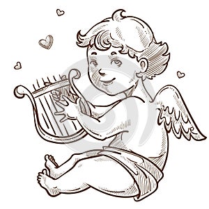 Angel with harp and wings cupid Valentines day