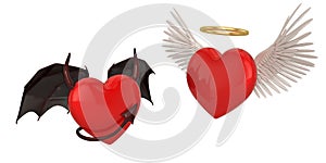 Angel Heart And Devil Heart Isolated in white background.  3d illustration