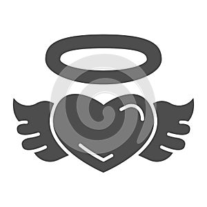 Angel heart solid icon, valentine day concept, Heart with wings and nimbus sign on white background, halo and wing on