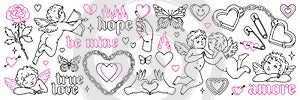 Angel and heart tattoo art 1990s-2000s. Love concept. Happy valentines day stickers.