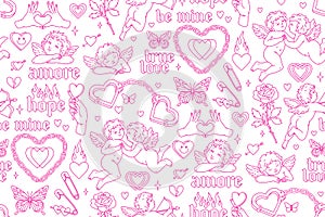 Angel and heart tattoo art 1990s-2000s seamless pattern. Love concept. Happy valentines day.