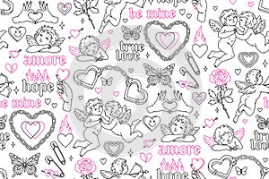 Angel and heart tattoo art 1990s-2000s seamless pattern. Love concept. Happy valentines day. photo