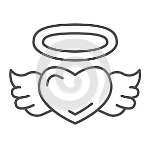 Angel heart thin line icon, valentine day concept, Heart with wings and nimbus sign on white background, halo and wing