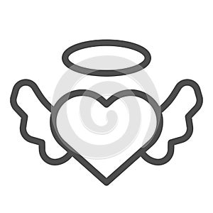 Angel heart with wings line icon. Angelic love, winged shape and halo symbol, outline style pictogram on white