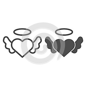 Angel heart with wings line and solid icon. Angelic love, winged shape and halo symbol, outline style pictogram on white