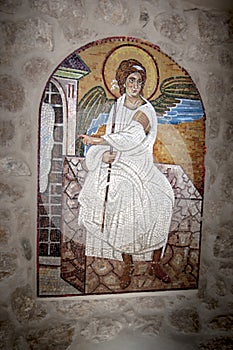 Angel icon. Mosaic image of Archangel in Serbian Orthodox Christian monastery Ostrog, Montenegro.