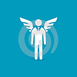 Angel investor icon. Businessman with wings. Business angel. Investment. Vector isolated illustration on blue background