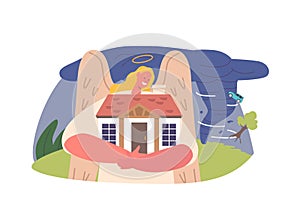 Angel Keeper Character Protect Home. Guardian Safeguard House, Offering Comfort And Protection To Residents