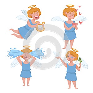 Angel kid with angelic wings having halo holding harp