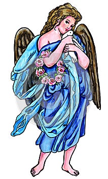 Angel Kissing a Peace Dove Watercolor Illustration