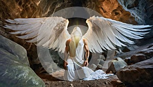 Angel kneeling in cave. Unrecognizable face emits radiant bright light rays. Generative AI Image with manually added fx