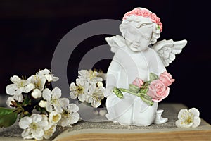 Angel kneeling on open book and holding flowers