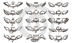 Angel lettering and wings sketch. Spirit saint angels wing with halo. Art flying feathers elements of bird. Black hand