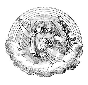 Angel with Lily Flower Flying in Heaven with Rainbow. Bible, New testament. Vintage Antique Drawing