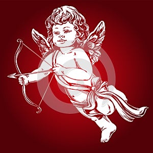 Angel , little baby. Cupid shoots a bow with an arrow, Valentine`s day, greeting card hand drawn vector illustration