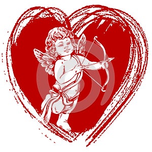 Angel , little baby. Cupid shoots a bow with an arrow, Valentine s day, greeting card hand drawn vector illustration