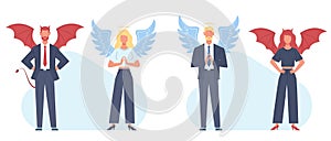 Angel man and devil woman, good and bad businessman. Heaven and hell symbol. Male and female character standing in