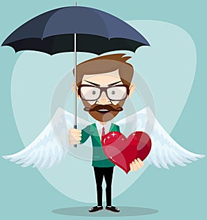 Angel Man with an umbrella, Wings and Heart, vector illustration
