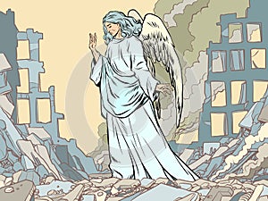 An angel in the middle of the ruins of a burning city. The war is the death of civilians. Humanitarian crisis