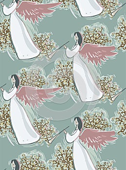 Angel music christmas new year blue pink seamless pattern paint textured vector