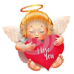 Angel with nimbus, white wings and closed eyes. Big heart with text I love you in hand. Valentines day character