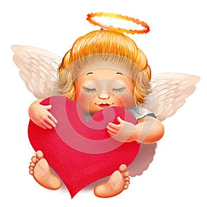 Angel with nimbus, white wings and closed eyes. Big heart with text I love you in hand. Valentines day character. Realistic