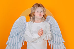 Angel prayer kids. Portrait of cute kid with angel wings with prayer hands, hope and pray concept isolated on studio