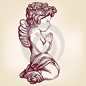 Angel prays on his knees religious symbol of Christianity hand drawn vector illustration