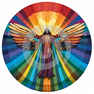 an angel with rainbow colored wings in the center of a circle