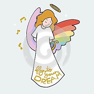 Angel rainbow wings sparkle, Fly to your dream word cartoon  illustration