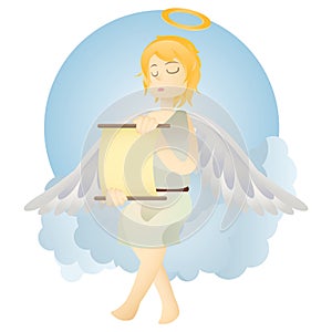 Angel reading scroll. Vector illustration decorative background design