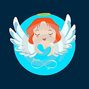 Angel with red hair, wings and heart on blue background.