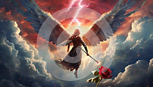 angel with red rose in the clouds