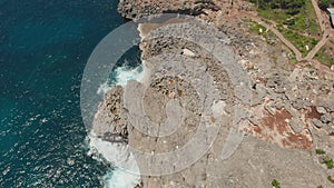 Angel`s Billabong beach, the natural pool on the island of Nusa Penida. Aerial view. Bali, Indonesia.