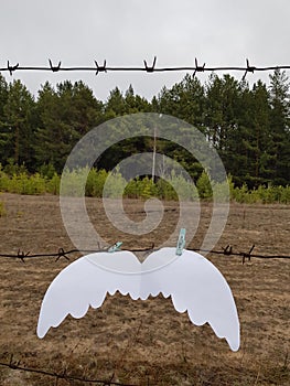 Angel`s wings hang on barbed wire against