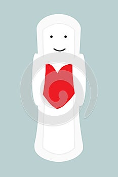 Angel sanitary pad character holding a red heart in his wings. Feminine woman sanitary hygiene menstruation pad napkin