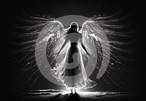 Angel silhouette in white dress with light around him, angel in the dark, generated ai