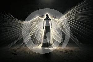 Angel silhouette in white dress with light around him, generated ai
