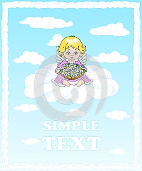 Angel sitting on a cloud and holding a basket of flowers.