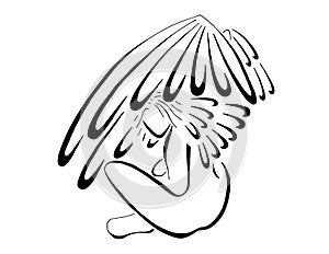 Angel Sitting With Wings Flared, Stylized Line Art