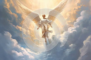 Angel in the sky among the clouds in bright light with fuzzy outlines. Illustration, AI generation